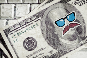 Image of 100 dollar bill with stickers - online shopping privacy