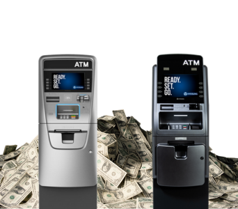 the image is of two ATM machines and a pile of cash, represents owning an ATM business