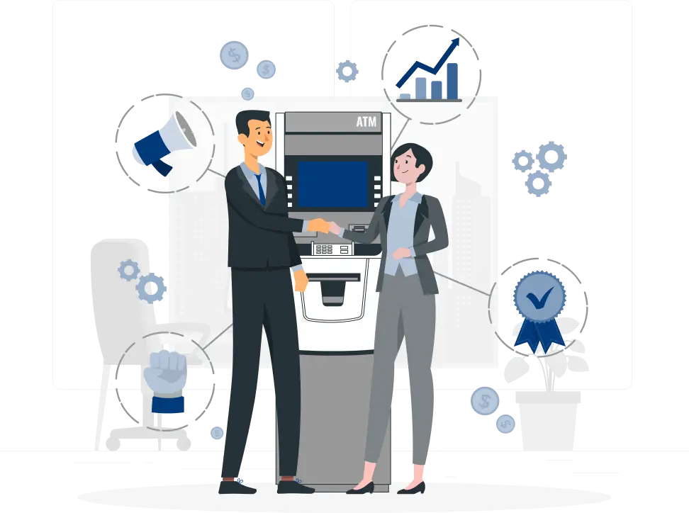flat art image of two professionals and an atm, represents ATM marketing services offered by Edge One