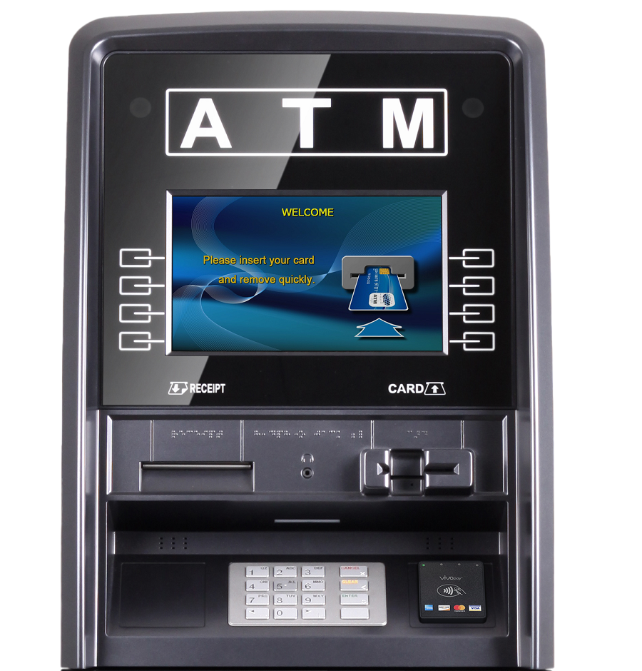 Straight-on shot of a Genmega Onyx 2500 ATM, the symbol indicating the NFC banking feature is visible