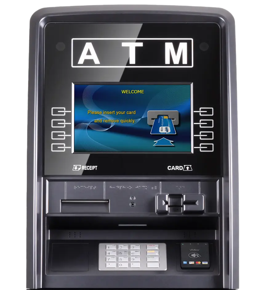 Straight-on shot of a Genmega Onyx 2500 ATM, the symbol indicating the NFC banking feature is visible