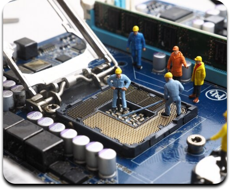 the image is of 6 construction worker figurines standing in a computer circuit