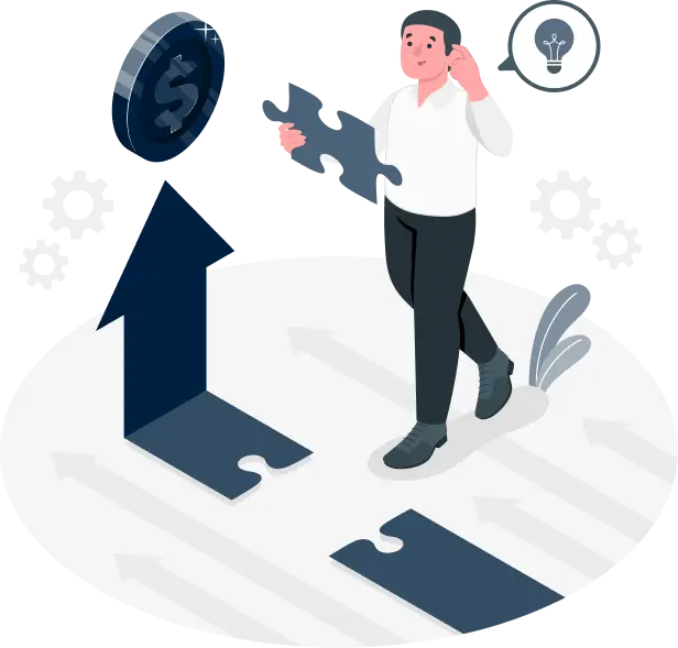 Cartoon illustration of a banker holding a puzzle piece thinking of banking solutions.