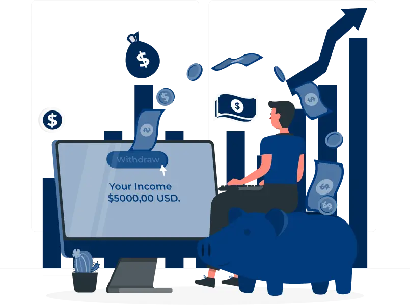 flat art image of a character sitting at a money machine
