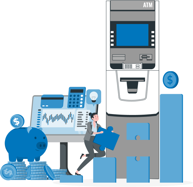 flat art drawing of an ATM machine in blue, white, and gray color scheme