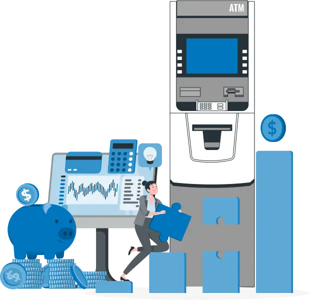 flat art drawing of an ATM machine in blue, white, and gray color scheme