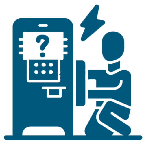 blue graphic/icon of a technician working on an ATM. There is a lightning bolt symbol