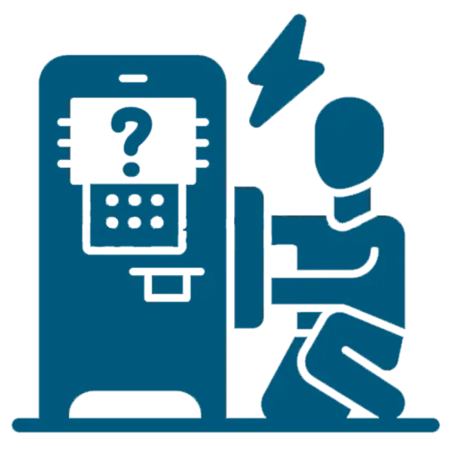 blue graphic/icon of a technician working on an ATM. There is a lightning bolt symbol