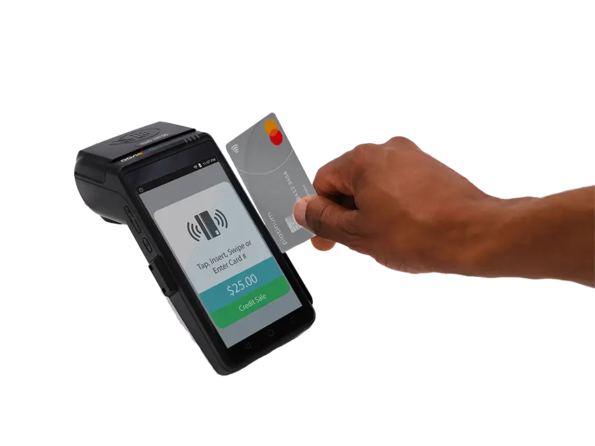 image of a hand swiping a credit card on credit card processing equipment sold by Edge One