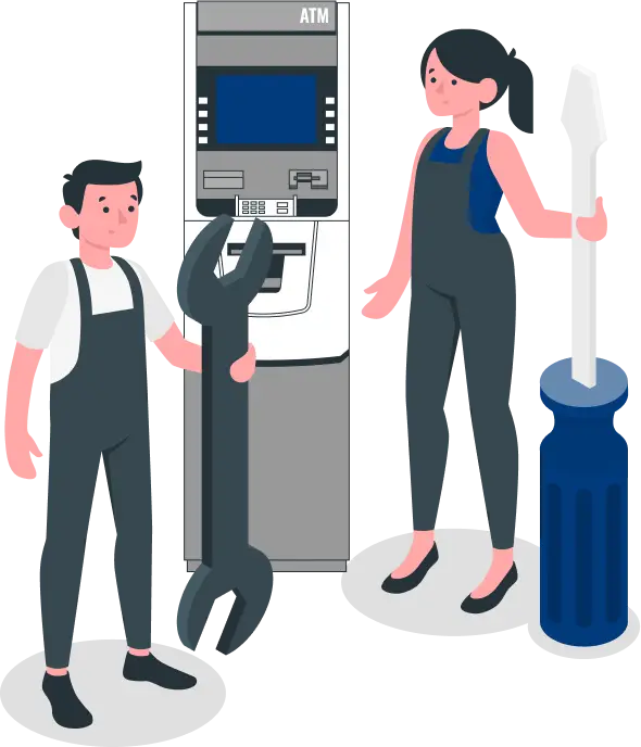 flat art graphic of people holding a screw and wrench next to an ATM