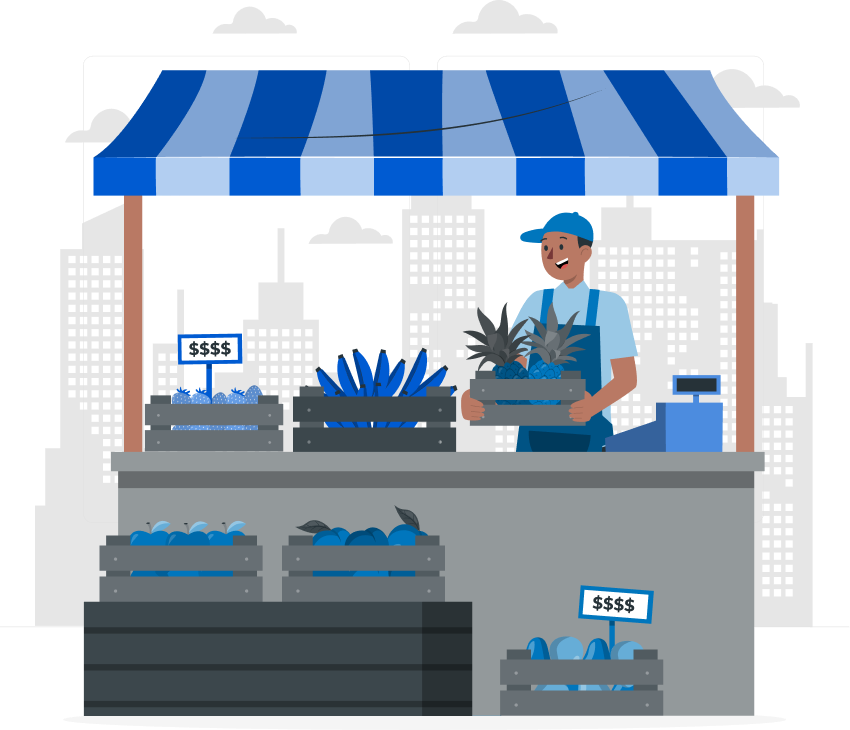 flat art drawing of a business owner working his fruit stand, represents retail businesses powered by Edge One