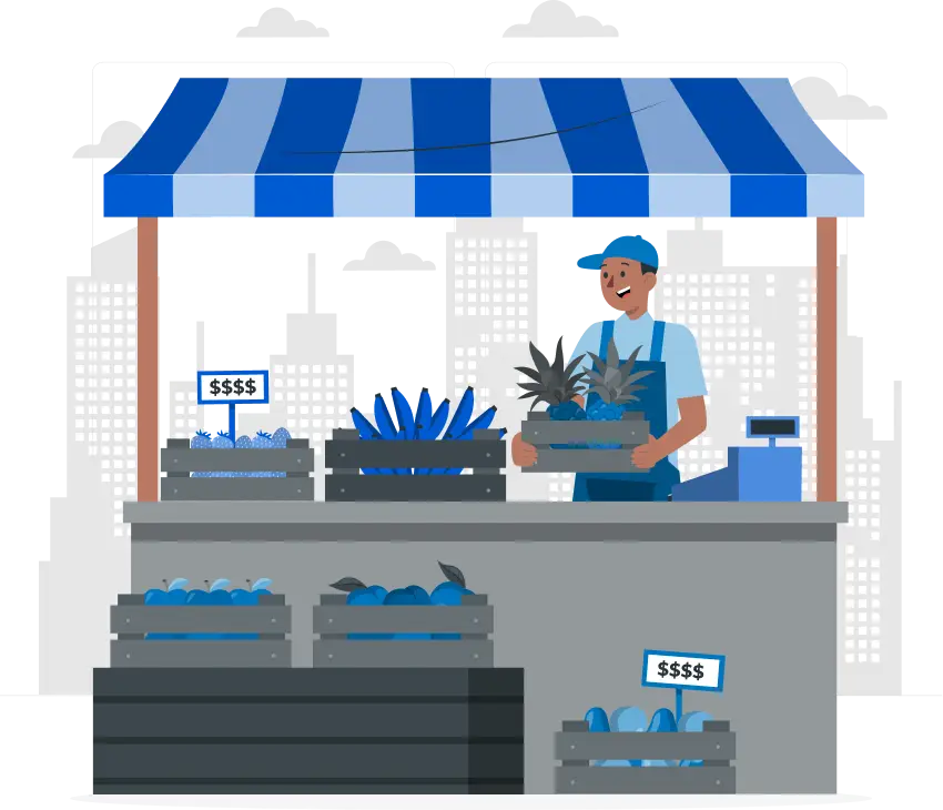 flat art drawing of a business owner working his fruit stand, represents retail businesses powered by Edge One