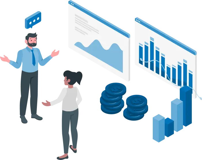 flat art drawing of a man and a woman talking in front of a chart and graph, this represents the ease of ordering ATM supplies from Edge One.